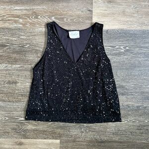 Dee Dee Black Sequin V-Neck Tank Top Sleeveless Party Shimmer Blouse Size M